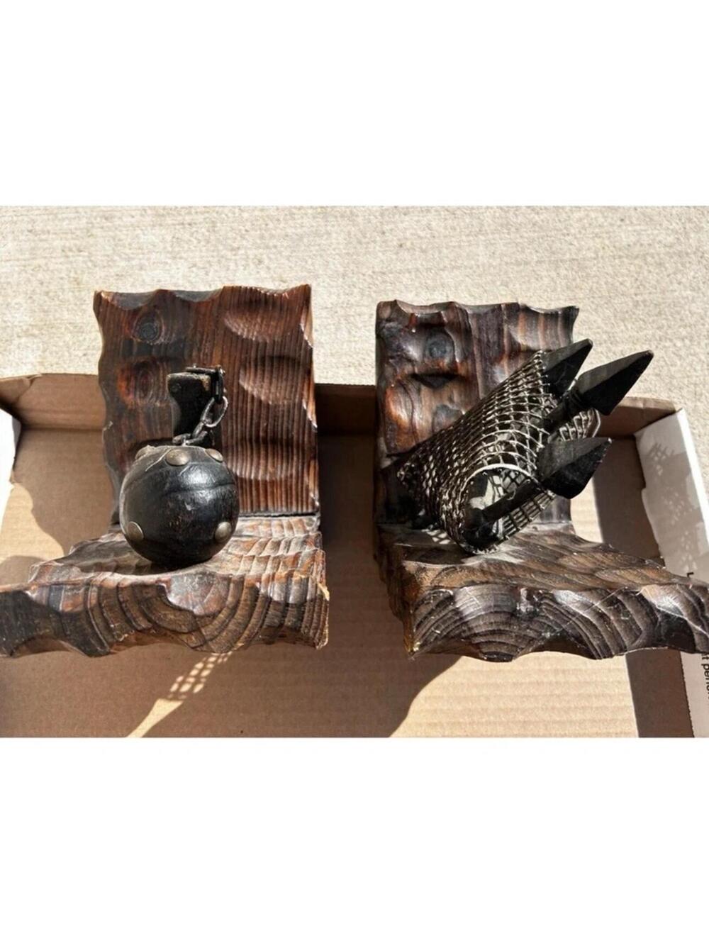 Vintage MCM Gothic Medieval Knight Hand Carved Wood Bookends Fantasy Decor